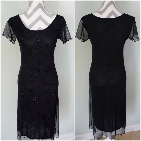 Esisto Dresses & Skirts - ESISTO Black Sheer Lace Beaded Floral Formal Dress